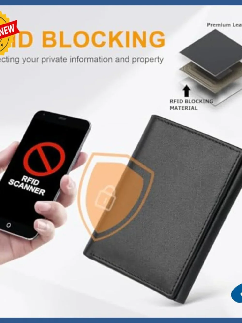 Slim Genuine Leather Trifold Wallet RFID Blocking 8 Card Slots ID Window